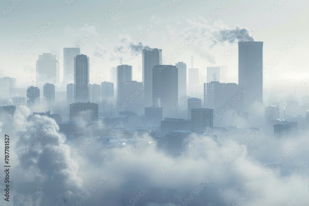 A city skyline shrouded in dense smog with visible air pollution, overcast skies. A city skyline shrouded in dense smog with visible air pollution, overcast skies.