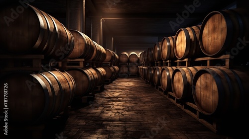 Vintage Charm: Oak Wine Barrels in an Old Dark Wine Cellar Stack

