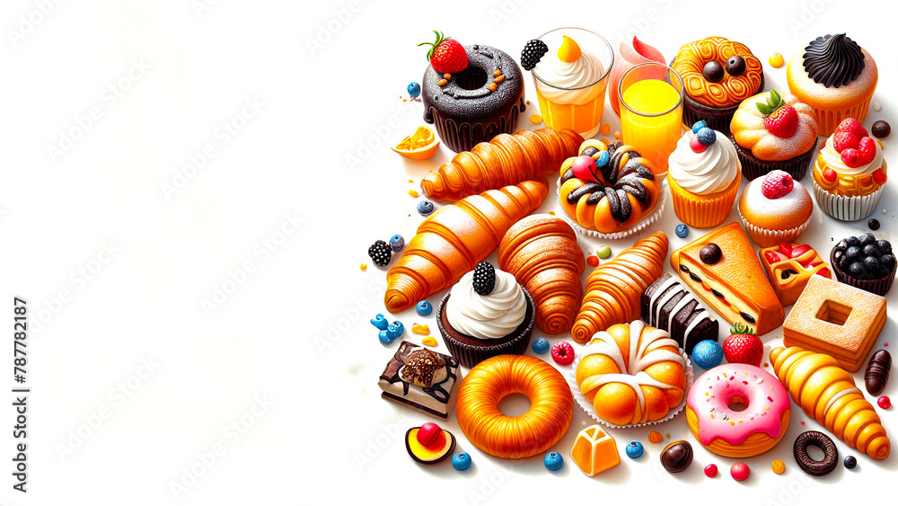Fototapeta premium Feast for the Eyes: A Colorful Array of Acrylic Painted Pastries on a White Background
