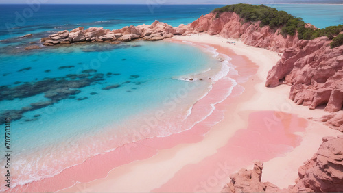 The blue sea bordering the pink sand beach seen from a top perspective
