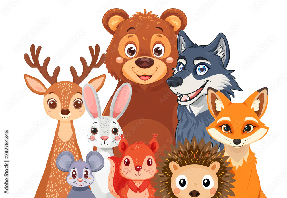 Fototapeta premium Cartoon forest animals inhabitants on a white background. Bear, wolf, fox, deer, hare, mouse, squirrel, hedgehog.Vector style illustration.