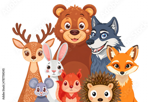 Cartoon forest animals inhabitants on a white background. Bear  wolf  fox  deer  hare  mouse  squirrel  hedgehog.Vector style illustration.