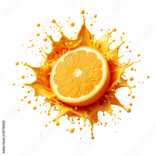 3D splash of orange juice with orange, white background, isolated object PNG