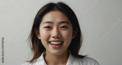 young japanese woman on plain bright white background laughing hysterically looking at camera background banner template ad marketing concept from Generative AI © sevenSkies