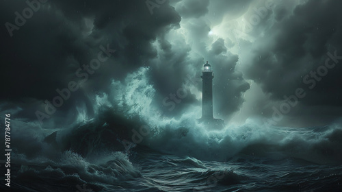 Raging Seas: Stormy Dramatic Seascape with Lighthouse
