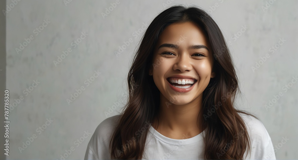 young filipino woman on plain bright white background laughing hysterically looking at camera background banner template ad marketing concept from Generative AI