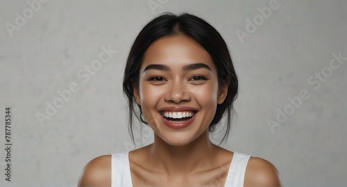 young filipino woman on plain bright white background laughing hysterically looking at camera background banner template ad marketing concept from Generative AI