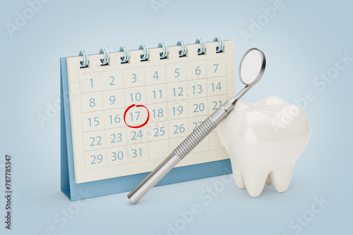 Dentist appointment reminder calendar. Tooth with a dental mirror near the calendar. 3d render