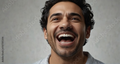 young hispanic middle aged man on plain bright white background laughing hysterically looking at camera background banner template ad marketing concept from Generative AI