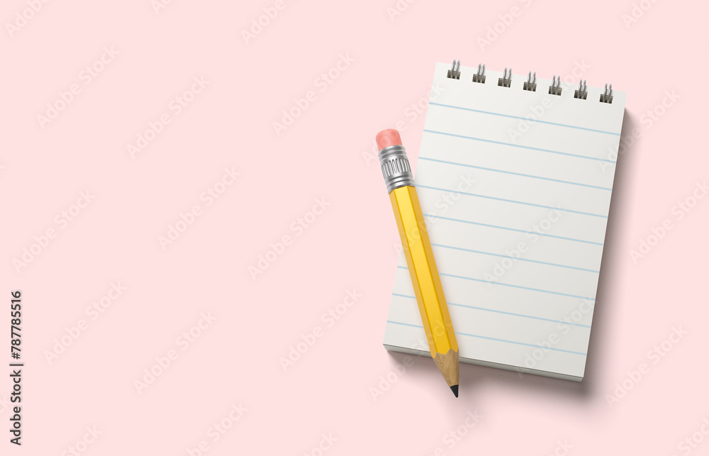 Blank notebook and pencil on a pink background. 3d render Blank notebook and pencil on a pink background. 3d render