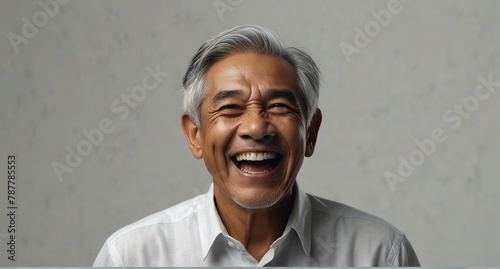 young indonesian elderly man on plain bright white background laughing hysterically looking at camera background banner template ad marketing concept from Generative AI photo