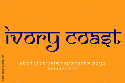 country ivory coast text design. Indian style Latin font design, Devanagari inspired alphabet, letters and numbers, illustration.