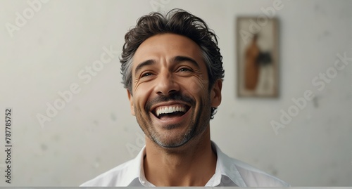 young italian middle aged man on plain bright white background laughing hysterically looking at camera background banner template ad marketing concept from Generative AI photo