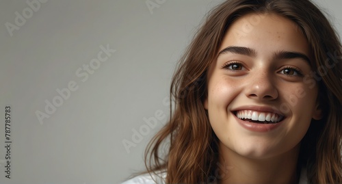 young italian teenage girl on plain bright white background laughing hysterically looking at camera background banner template ad marketing concept from Generative AI