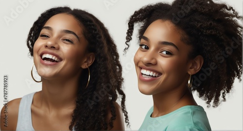 young jamaican teenage girl on plain bright white background laughing hysterically looking at camera background banner template ad marketing concept from Generative AI