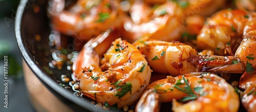Shrimp on a skillet with herbs in close-up view.
