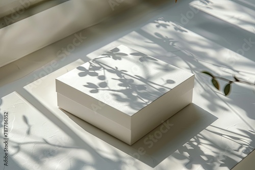 A white box with a shadow of leaves on it. photo