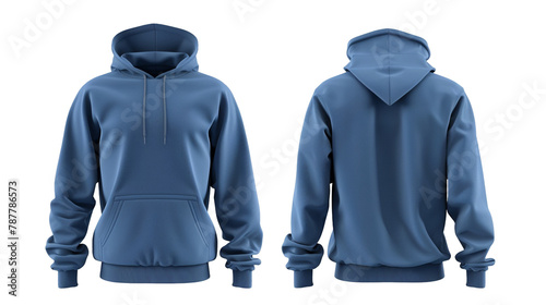 A mock-up  of a blue hoodie isolated on a transparent background, front and back view