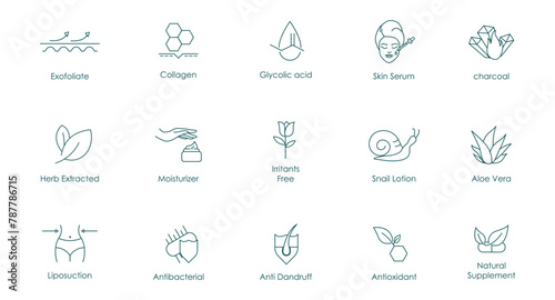 Skin Harmony: Vector Icon Collection for Hyaluronic Acid, Glycolic Acid, AHA, Charcoal, Exfoliate, Collagen, Skin Serum, Vitamins, Irritants Free, Aloe Vera, Lotion, Antioxidant, Cruelty Free