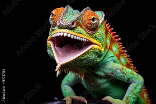 Studio portrait of happy surprised chameleon with open mouth.