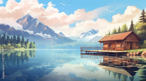 beautiful view of wooden house over lake with mountain in anime cartoon illustration