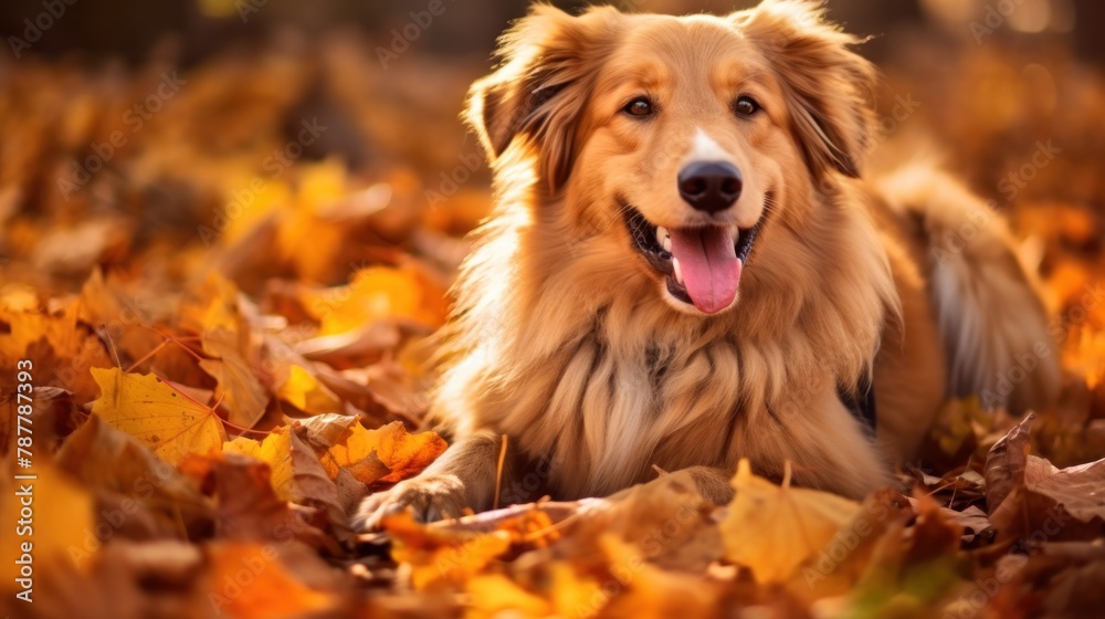 Portrait of happy dog rejoices in autumn.