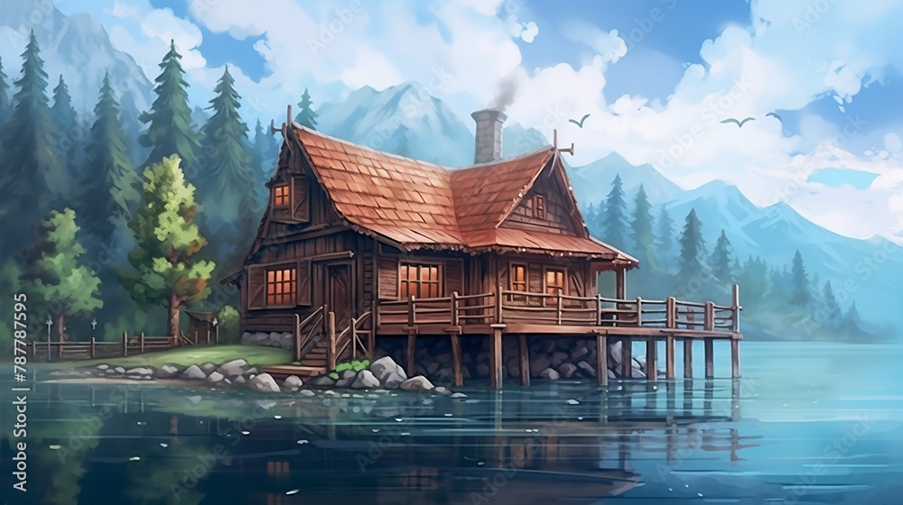 beautiful wooden fantasy house over the lake in cartoon anime style
