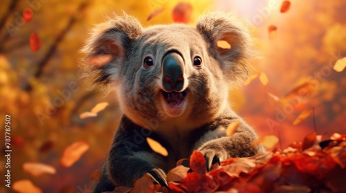Portrait of happy koala rejoices in autumn.