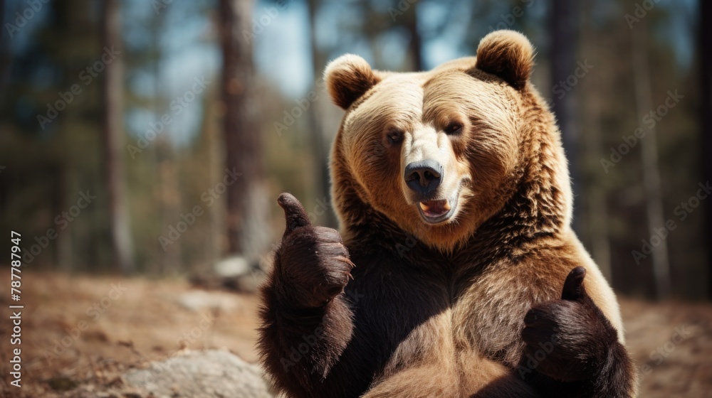 Obraz premium Portrait of friendly bear making thumbs up.