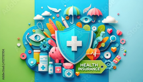 Colorful representation of health insurance with a protective blue shield and medical icons