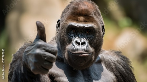 Portrait of friendly gorilla making thumbs up.
