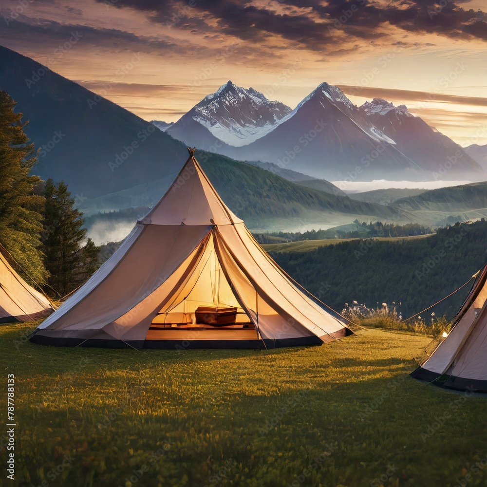 camping in the mountains,countryside scene  glamping tents set against a backdrop of rolling hills and majestic mountains, providing a luxurious camping experience amidst pristine natural surroundings