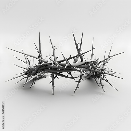 Minimalist 3D Rendering of a Crown of Thorns on a White Background Emphasizing the Simplicity of the Form and the Starkness of the Thorns