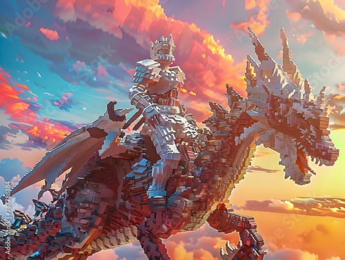 Epic 3D Rendered Fantasy Warrior Riding Majestic Pixelated Dragon Through Vibrant Skies in Dynamic Fantasy Landscape Setting