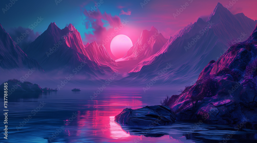 Retrowave mountain landscape with rising sun or moon. - obrazy, fototapety, plakaty 