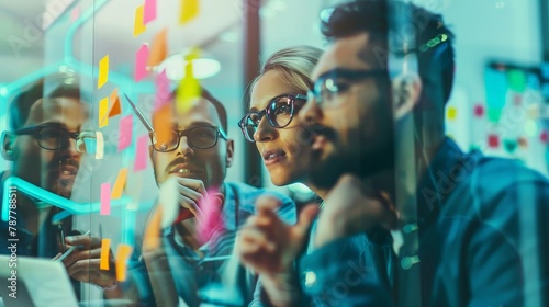 Business team brainstorming with sticky notes on a glass board while discussing ideas at a meeting table