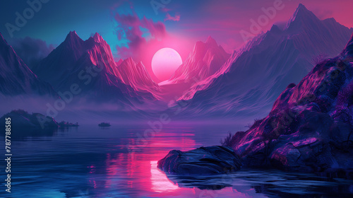 Retrowave mountain landscape with rising sun or moon.
