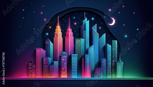 A colorful urban nightscape with illuminated skyscrapers under a starry sky and a crescent moon, paper art style