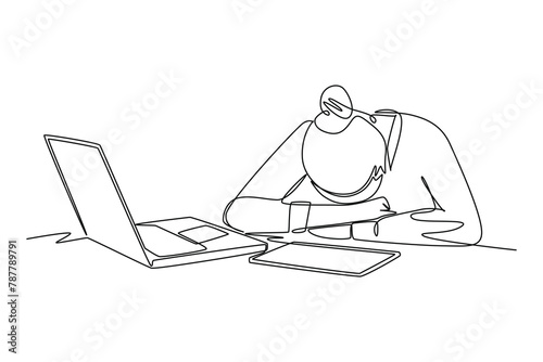 One continuous line drawing of busy people in stress and fatigue at work. Doodle vector illustration in simple linear style