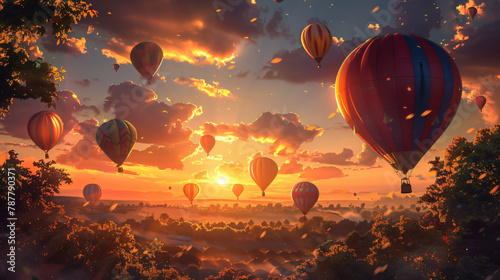 Sunrise Balloon Festival: Colorful Balloons, Tranquil Landscape