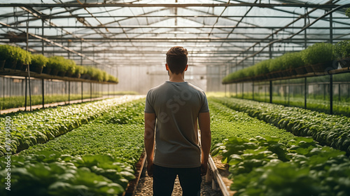 Wallpaper Mural A farmer inspecting rows of fresh produce in a greenhouse, with clear aisles leading to the center, perfect for text overlay Torontodigital.ca
