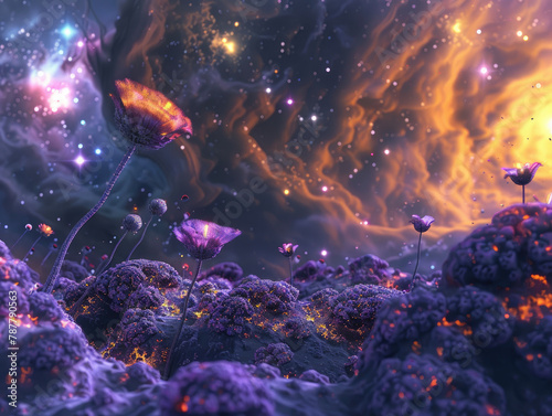 Cosmic Oasis 3D Rendering of Alien Flowers in Nebulas © GOLVR