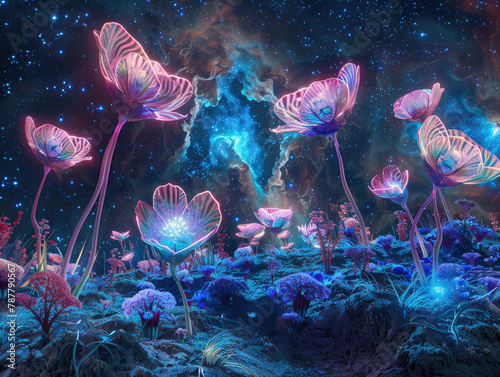 Cosmic Serenity 3D Rendering of Alien Flowers in Nebulas