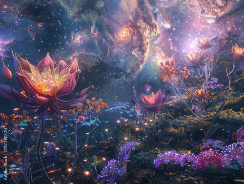 Alien Flora Bioluminescent Flowers in Nebulas and Stars