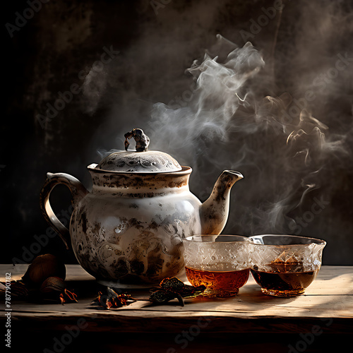 still life photograph vintage teapot sitting atop an open lace draped backlit cupboard steam