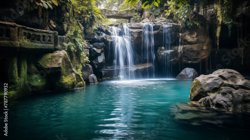 A scenic waterfall cascading into a crystal-clear pool, with rocks forming a natural center for text to stand out