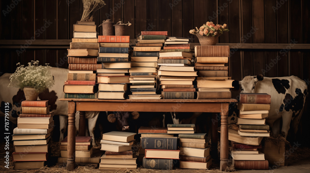 Obraz premium A stack of antique farming books with an open space at the center, inviting typography placement