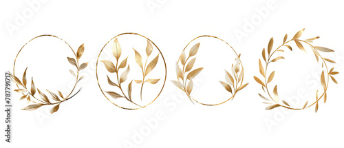 three gold wreaths with leaves and leaves on a white background