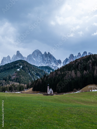 The spring landscape in Val di Funes  Dolomites  Italy.