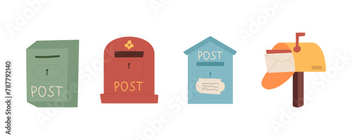 Creative style cartoon mailbox with letter set illustration, handmade envelope in post box vector collection, colorful design postbox bundle with paper mail, correspondence and documents delivery. photo